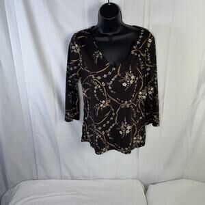 The Limited Stretch Brown Floral Rhinestone V-Neck Top Size L
